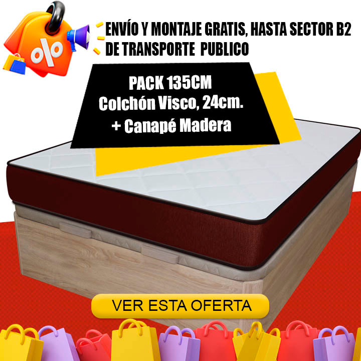Pack OFERTA Colchón Visco-Confort, 135cm y Canapé de Madera 30mm