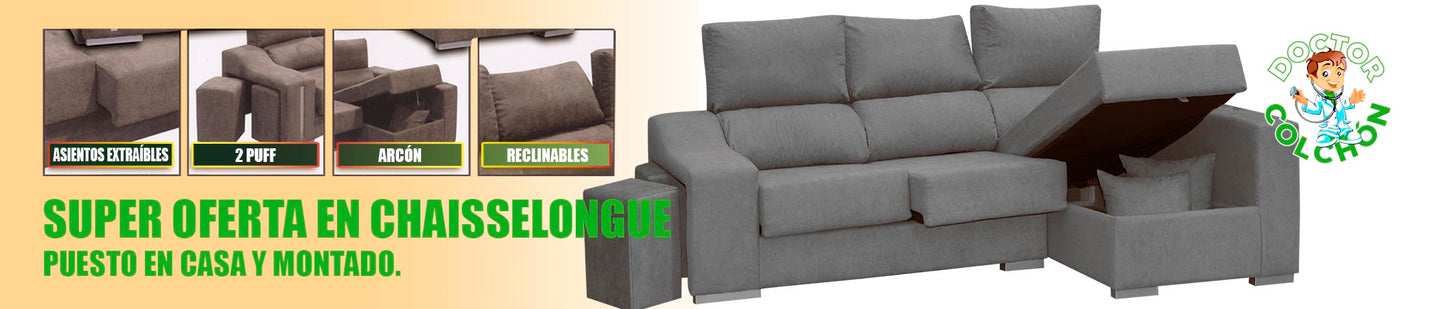 Sofá Moderno 3 Plazas con Arcón + 2 Pufs + Cojines + Chaise Longue Conjunto.