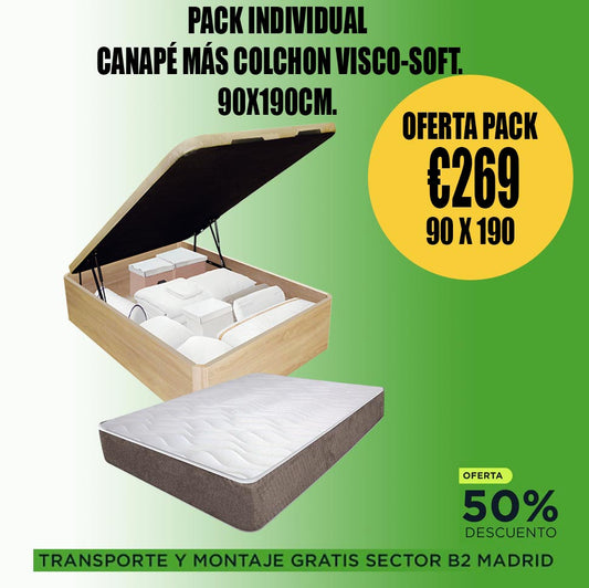 Pack Canapé Individual 90x190cm - Colchón Viscoelástico + Canapé con Almacenaje