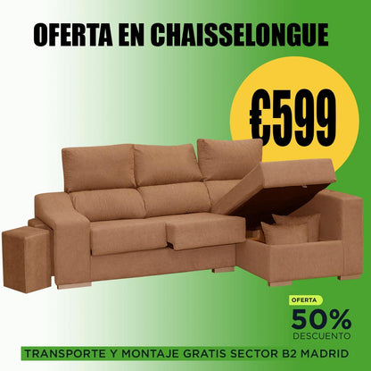 Sofá Moderno 3 Plazas con Arcón + 2 Pufs + Cojines + Chaise Longue Conjunto.