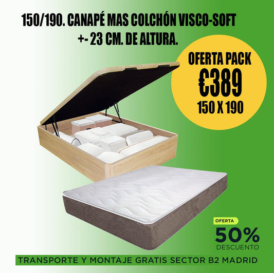 Pack Canapé Abatible Queen 150x190cm con Colchón Viscoelástico - Máximo Almacenaje