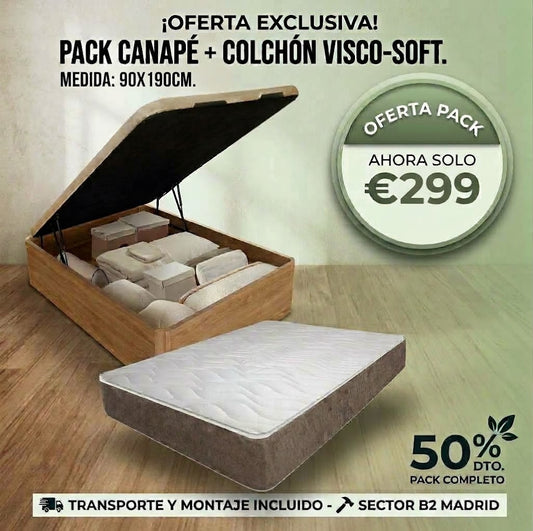 Pack Canapé Individual 90x190cm - Colchón Viscoelástico + Canapé con Almacenaje